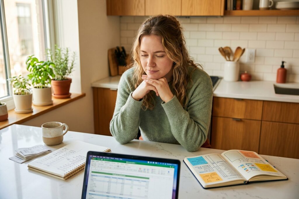 Person comparing values based budgeting and zero-based budgeting methods on paper and laptop