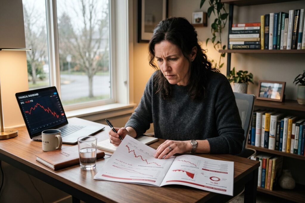 Person reviewing wealth-building plan during a recession with financial charts and documents on a desk