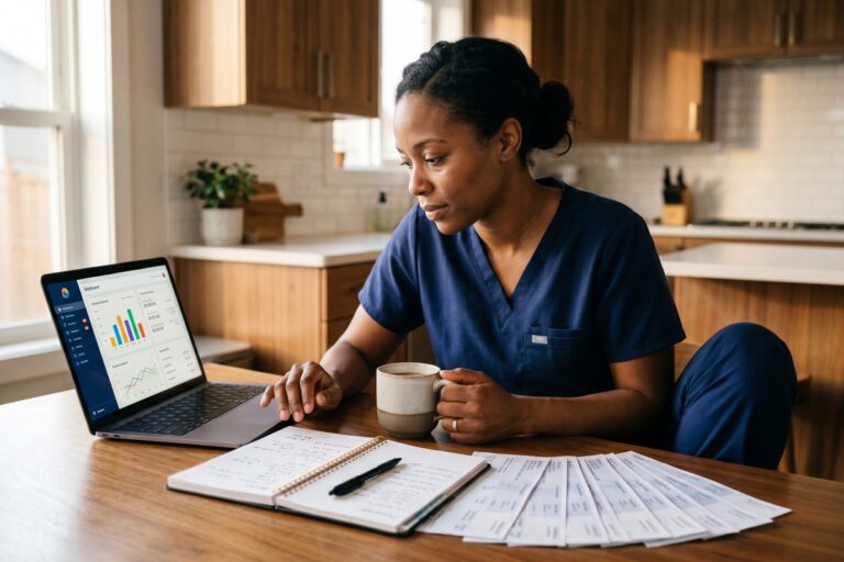 Nurse in scrubs reviewing financial plan and investment portfolio on tablet during break