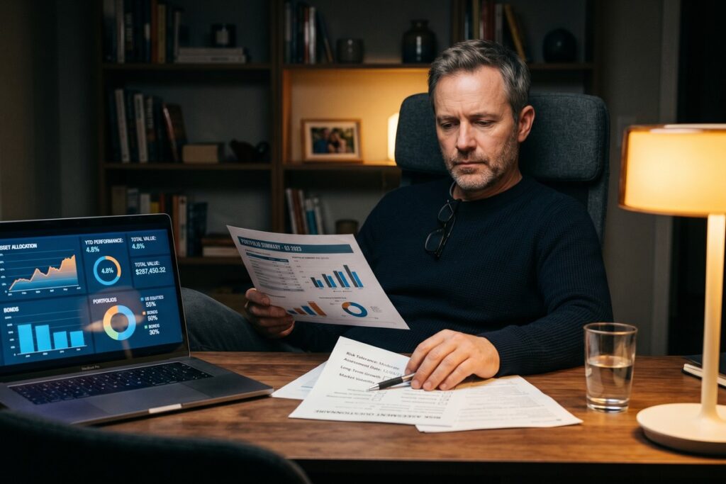 Person reviewing wealth building risk tolerance chart and investment strategy at a desk