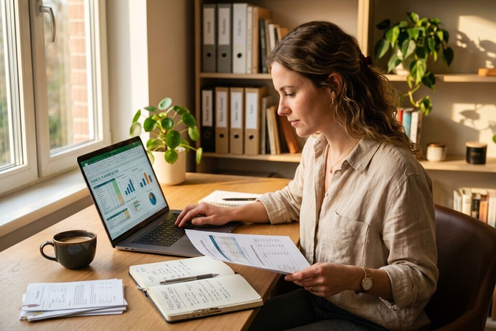 Freelancer reviewing wealth building strategies on a laptop at a home office desk