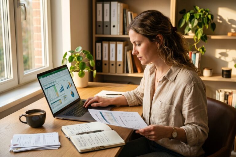 Freelancer reviewing wealth building strategies on a laptop at a home office desk