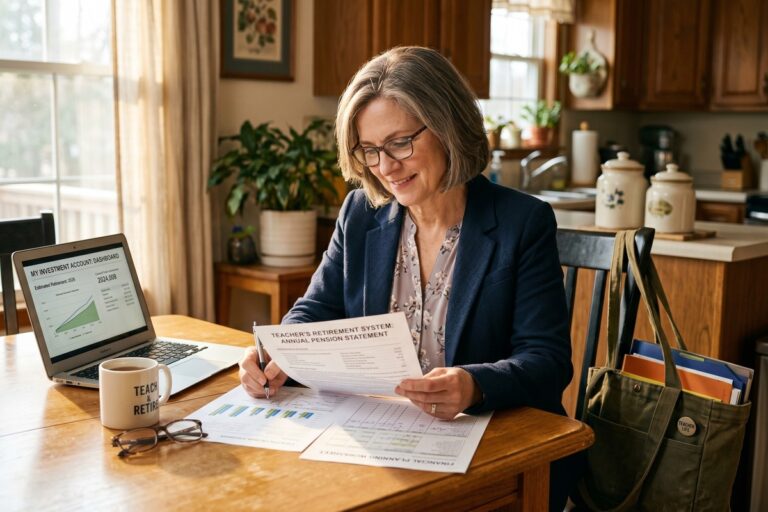 Teacher reviewing pension and wealth building financial plan at a desk
