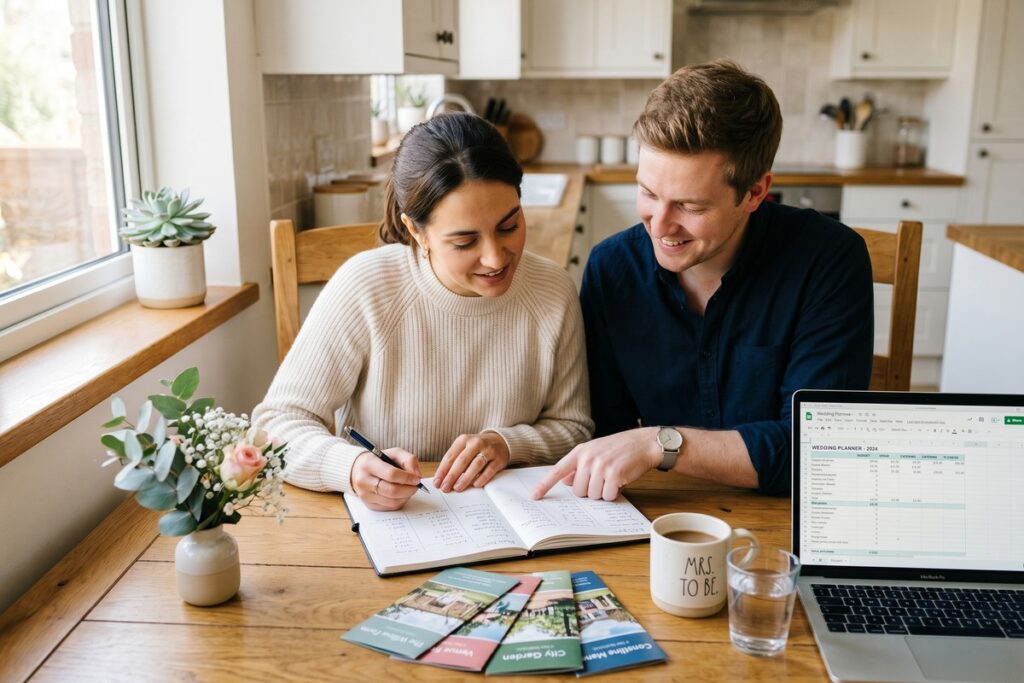 Couple reviewing wedding budget spreadsheet together to avoid debt