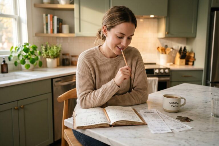Person reviewing a weekly budget method planner with expense categories on a desk