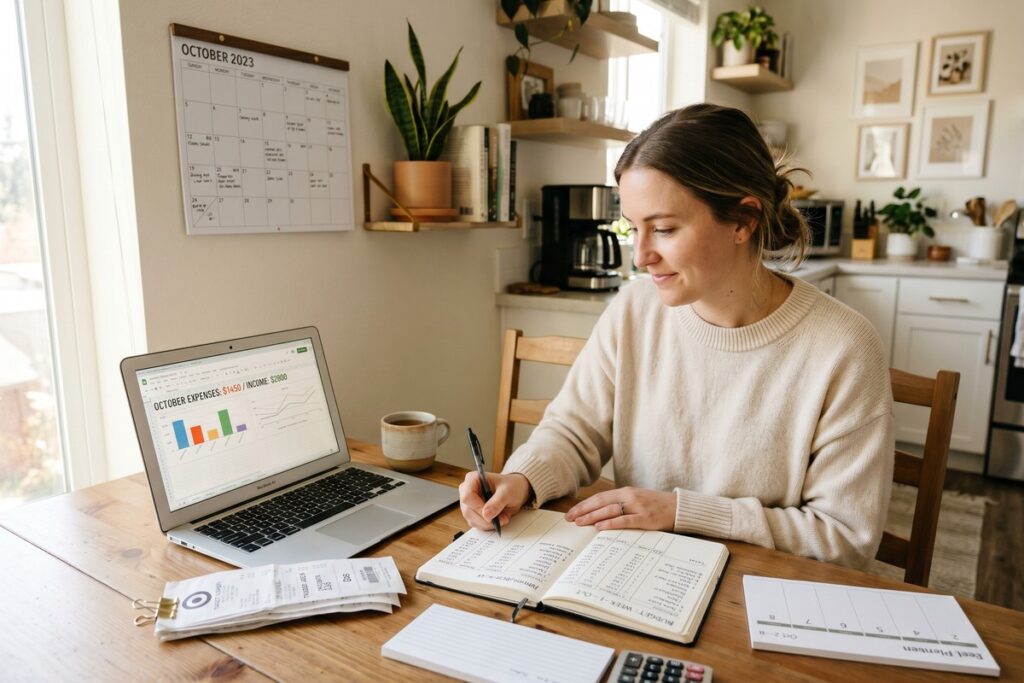 Person comparing weekly vs monthly budgeting methods on a calendar with a notebook and calculator