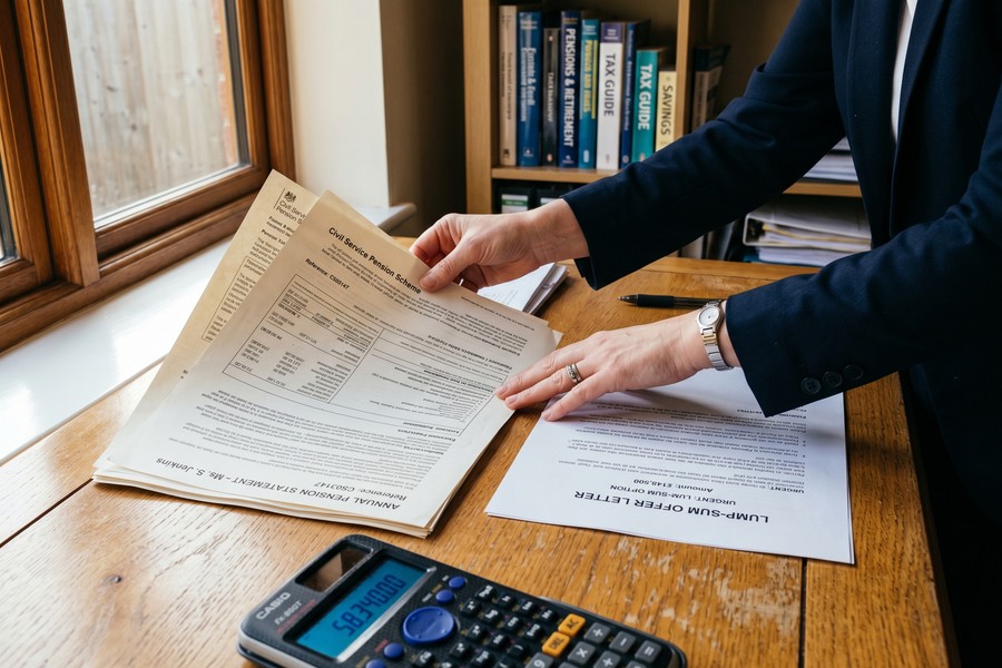 Federal retiree reviewing OPM retirement application paperwork at a desk