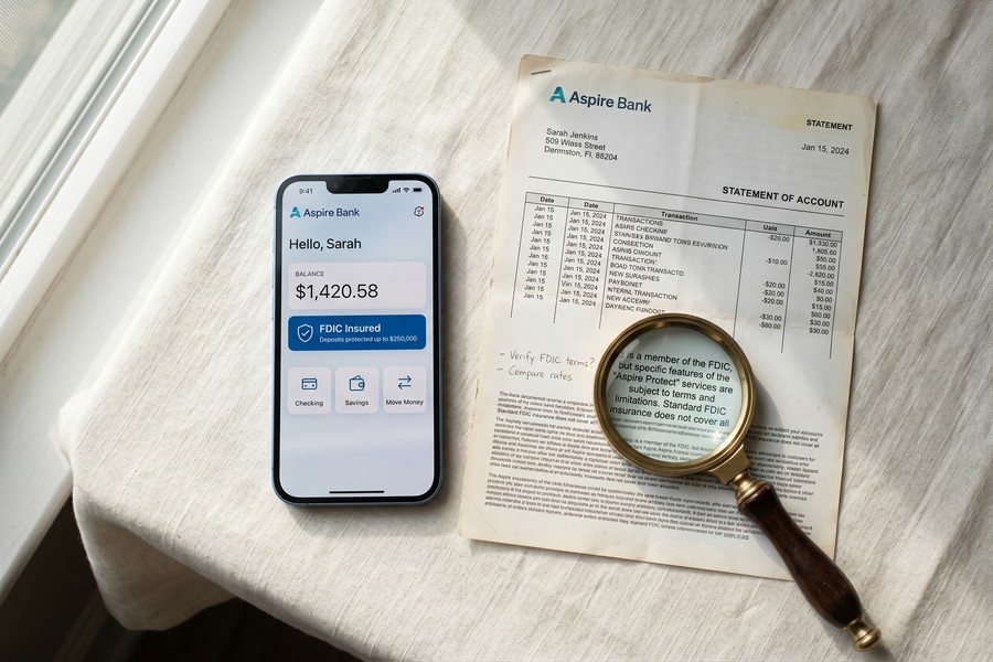 Consumer reviewing fintech app terms of service to identify FDIC partner bank name