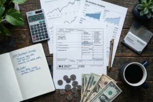 W-2 employee working on laptop at home with financial documents and calculator