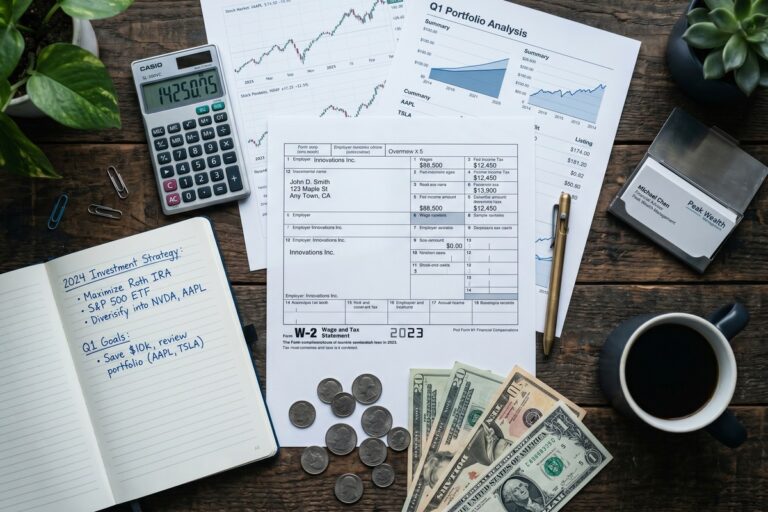 W-2 employee working on laptop at home with financial documents and calculator