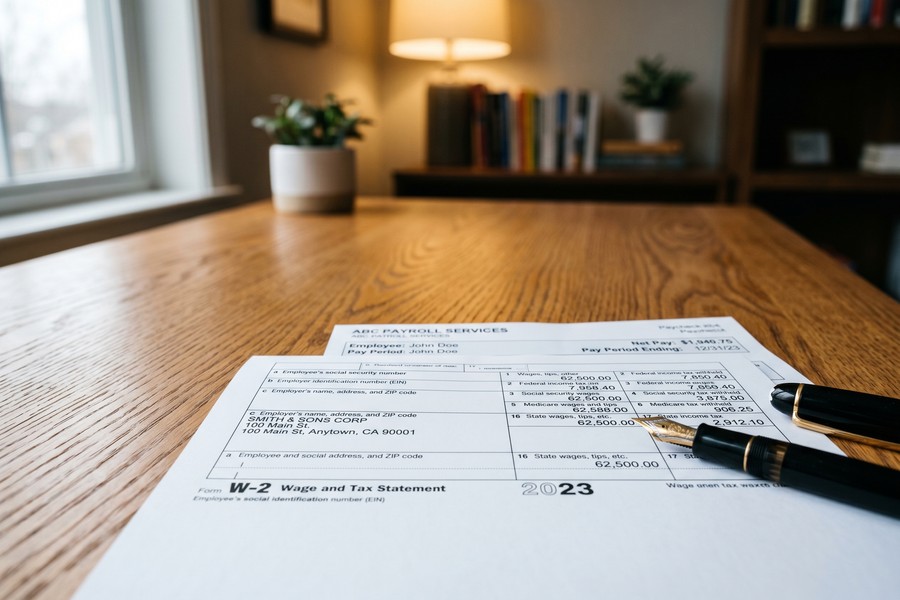 W-2 employee reviewing retirement account and side income documents at a home desk