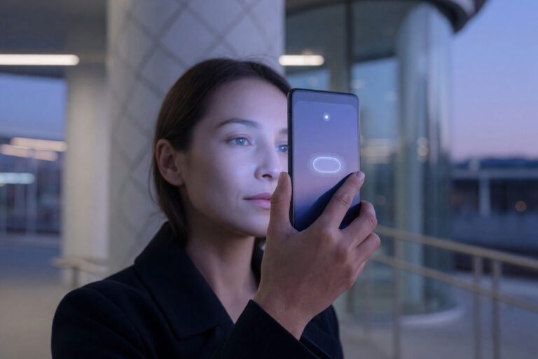 Person using facial recognition to authorize a biometric payment at a store terminal