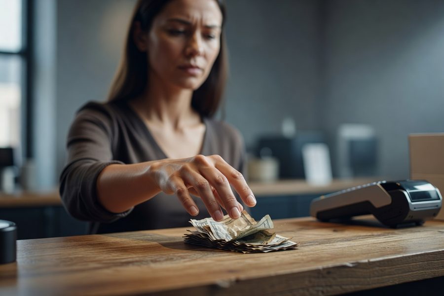 Consumer reaching for cash at a checkout counter, credit card left inside wallet