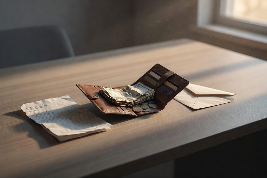 Envelope labeled "Groceries" with cash inside, credit card deliberately left on desk