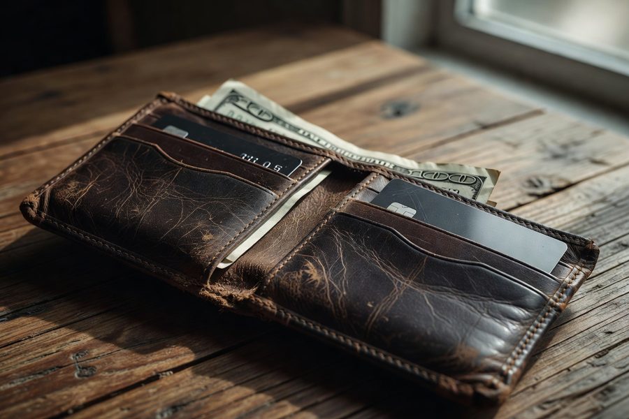 Woman using budgeting app on phone next to labeled cash envelopes on kitchen table