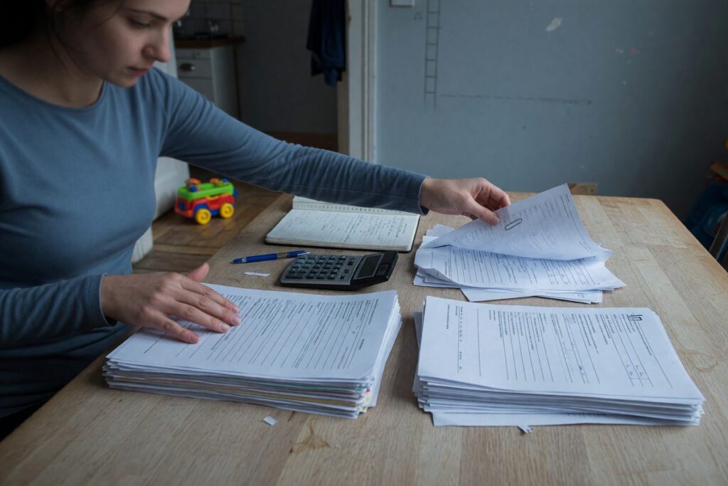 Parent reviewing childcare costs and monthly budget figures before enrollment