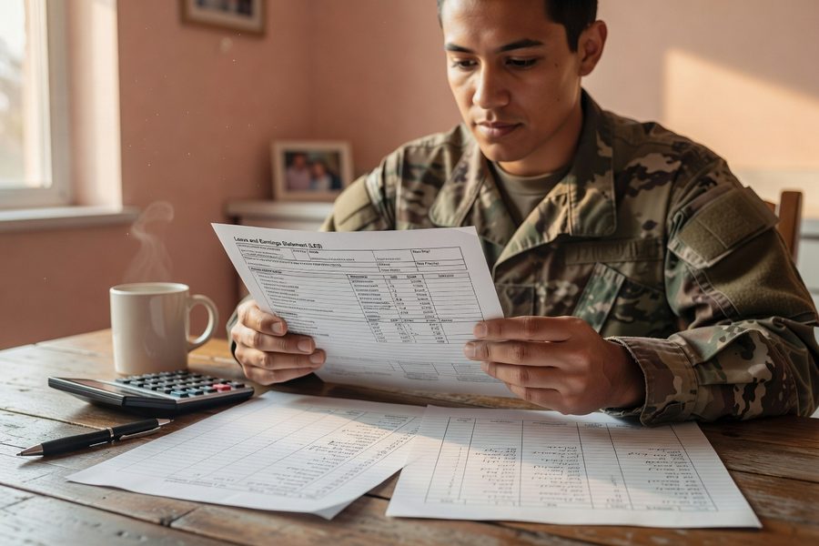 Military couple reviewing LES and budget app on tablet