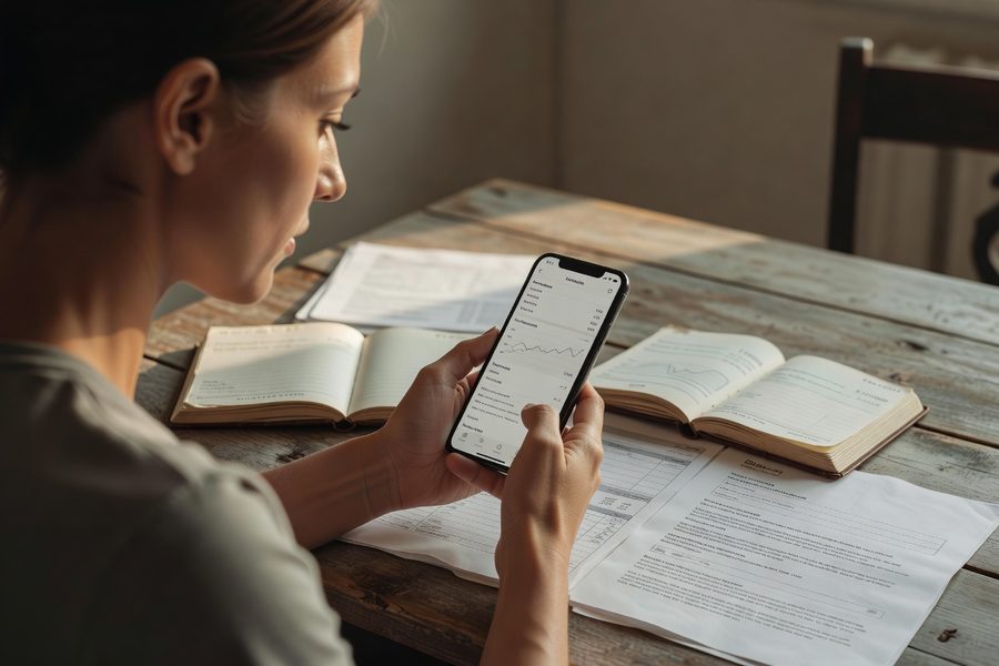 Woman holding smartphone with budgeting app on screen next to coffee