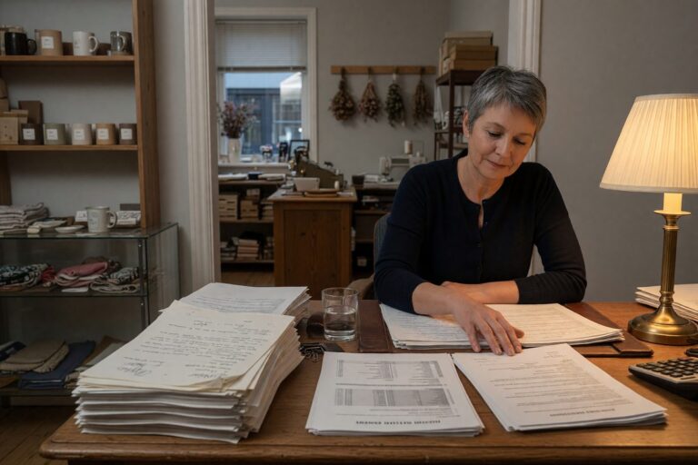Business owner reviewing exit strategy documents and financial charts