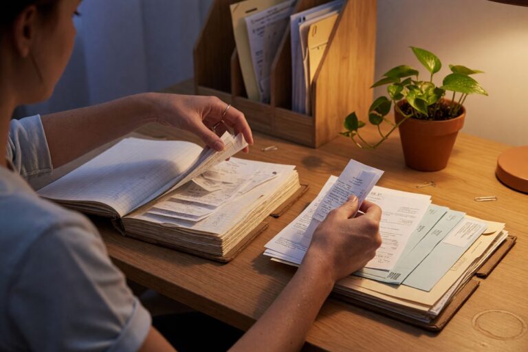 Side-by-side comparison of separated business and personal budget ledgers on a desk
